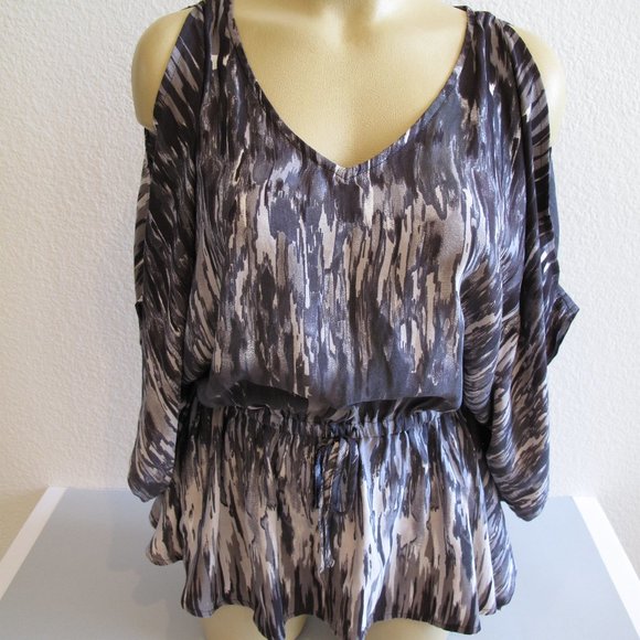 EXPRESS Taupe Silky Blouse with Open Shoulders - Picture 5 of 12